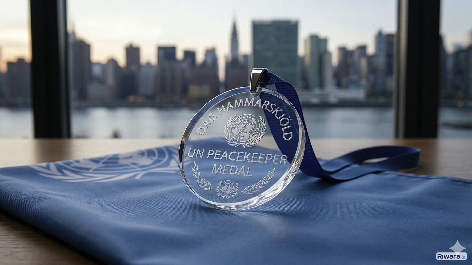 Medali Duta Perdamaian Dunia dari PBB untuk prajurit yang gugur dalam misi, dibuat dengan bantuan AI.